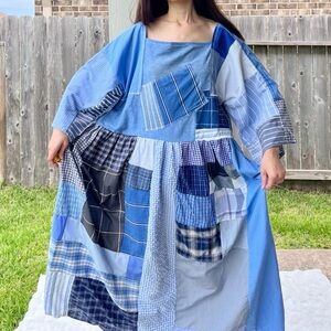 Handmade Quilted Patchwork Plaid Dress SKU 08012 Mixed Blue